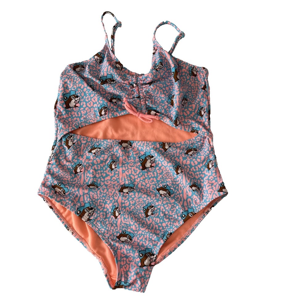 Buc-ee's Leopard Ruched Cut Out One Piece Swim Suit Girls‎ Youth XL Texas Logo